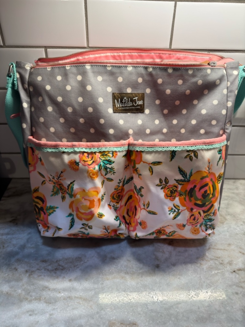Matilda Jane Gray Polka Dot & Floral Crossbody with Pink Trim and Mint Strap